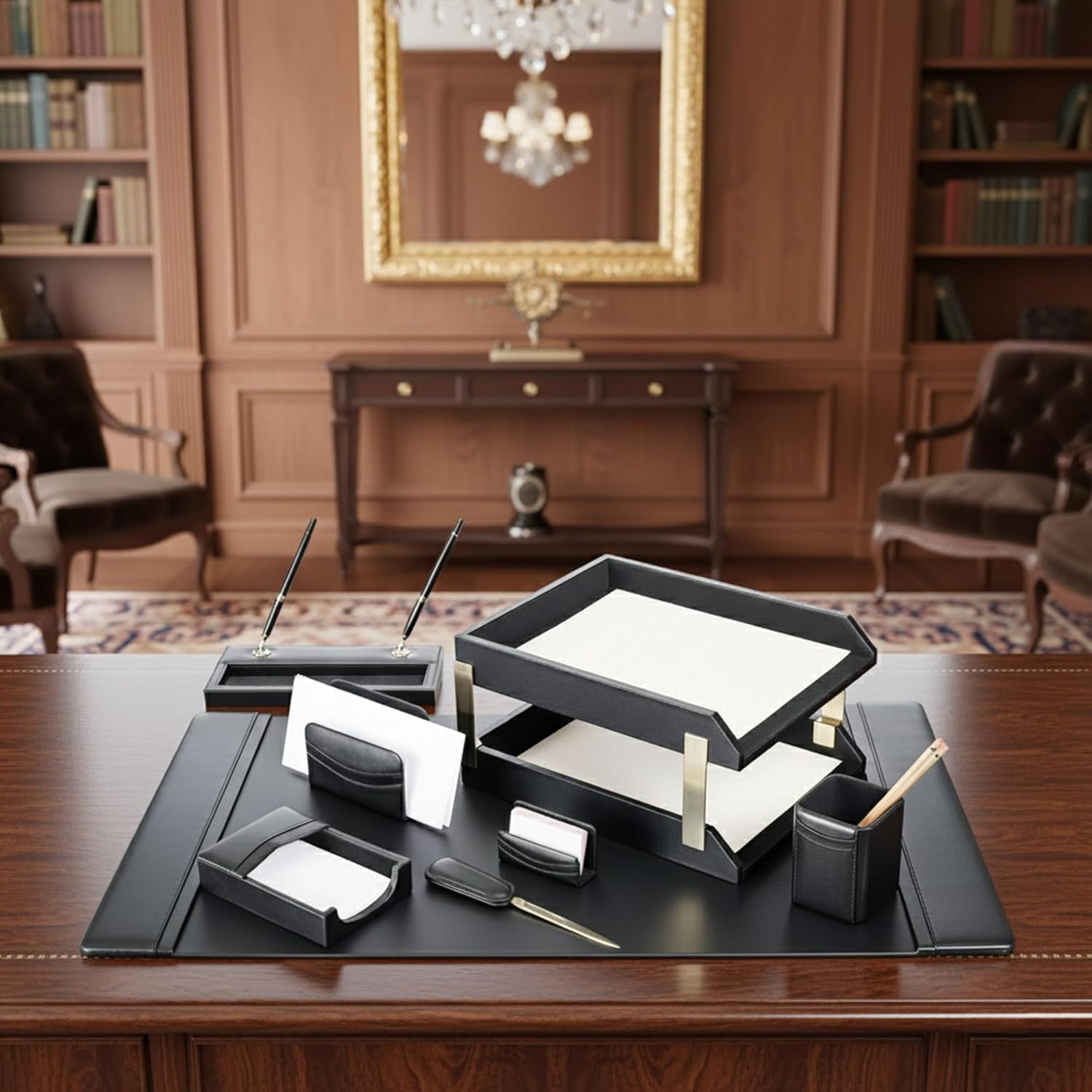 Dacasso Leather Desk Set, 10-Piece, Black