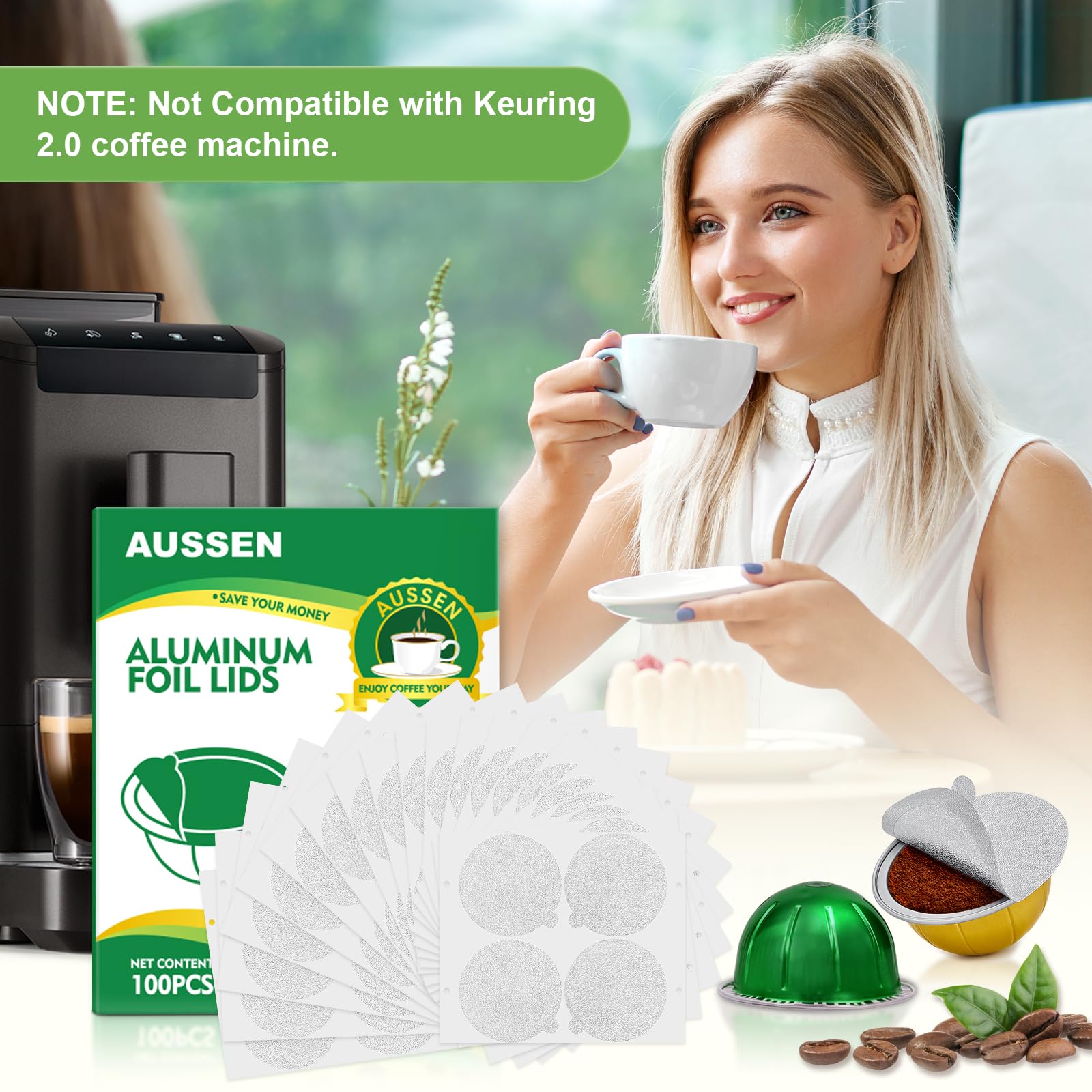 Tapas de sellado de papel de aluminio para cápsulas Nespresso reutilizables, compatibles con máquina Nespresso Vertuoline, sellos de cubierta de cápsulas de café reutilizables de 64 mm, 100 unidades