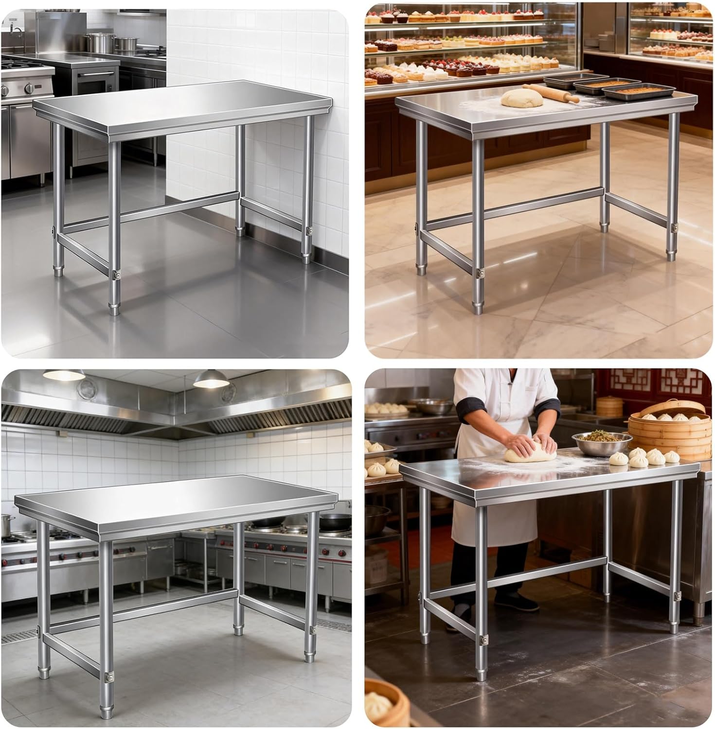 Single-Tier Stainless Steel Workbench Kitchen Prep & Packing Station Pull-Down Reinforcement Adjustable Feet Metal Prep Table Easy Assembly Height 80cm(L120xW60xH80cm/47.2x23.6x31.5”)