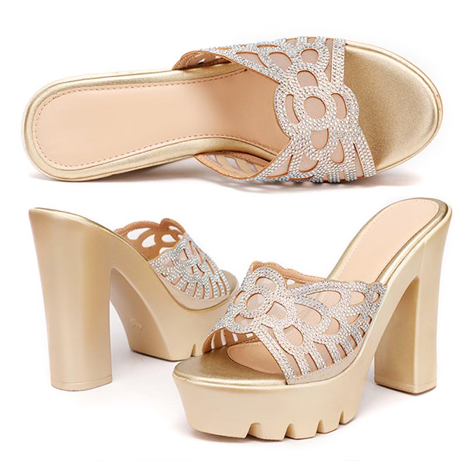 HNVAVQ Sandalias de Plataforma con Strass y Tacón Ancho Mules