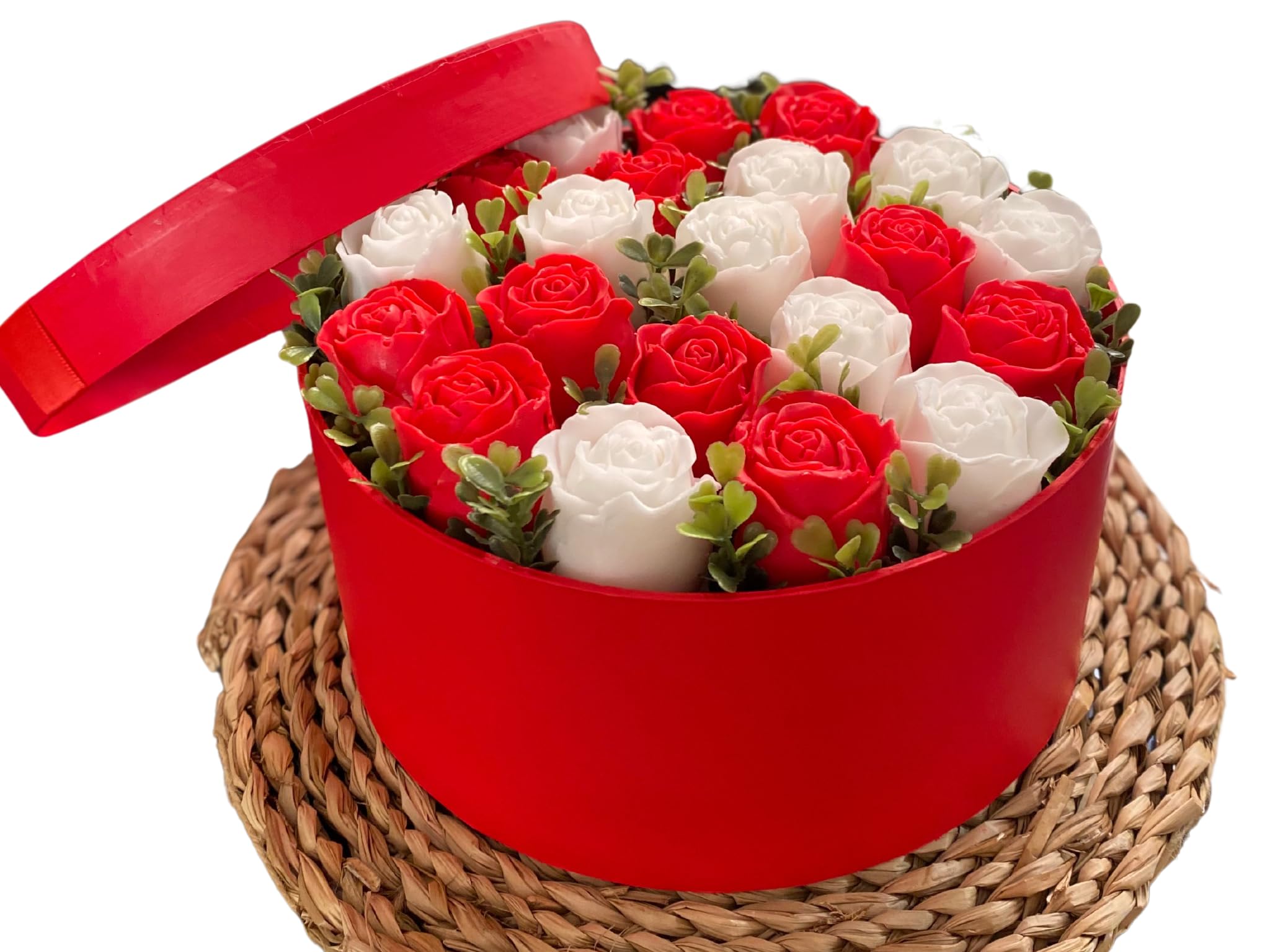 21 Rosas de Jabón de Glicerina en Caja Redonda Roja – Arreglo Floral Artesanal para Regalos Románticos y Decorativos