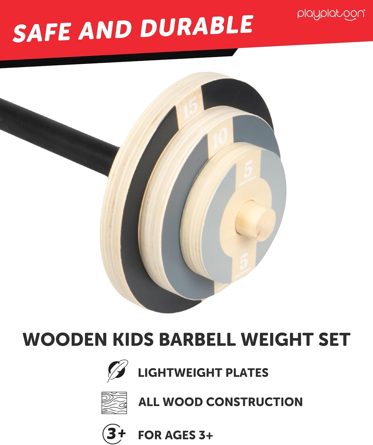 Play Platoon Wood Kids Workout Equipment Weight Set for Indoor Toddler Gym, Kid Exercise Equipment Weights Sets for Boys & Girls with Real Barbell Clips