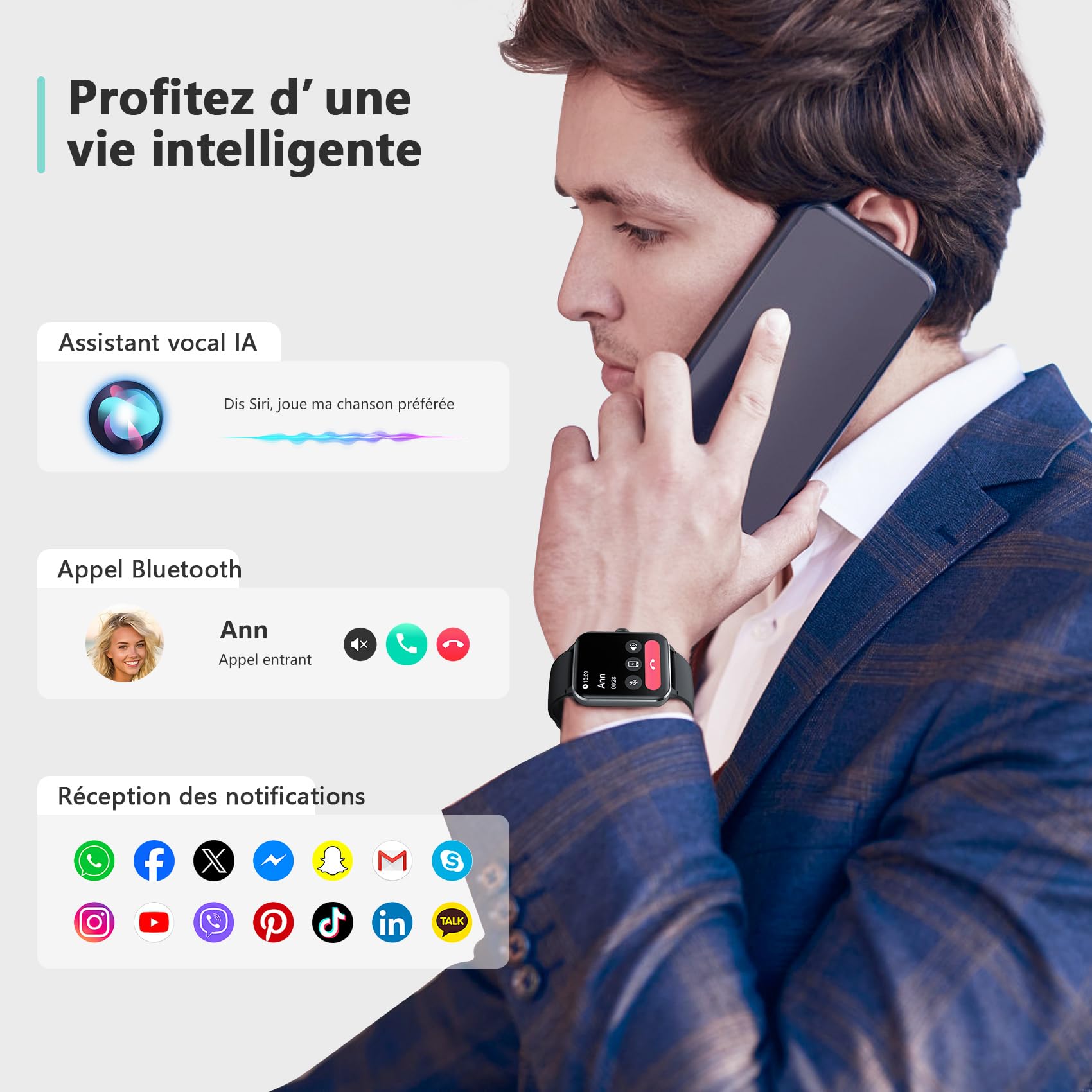 Blackview Montre Connectée Homme Femme, 5.3 Appel Bluetooth, Bleu poudré
