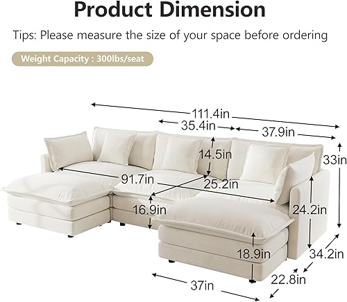 Miniatura 2 de Mikibama - Juego de sofá modular en forma de U, de 111.5 pulgadas para sala de estar, de 3 plazas, cómodo, con otomana movible, combinación de Beige