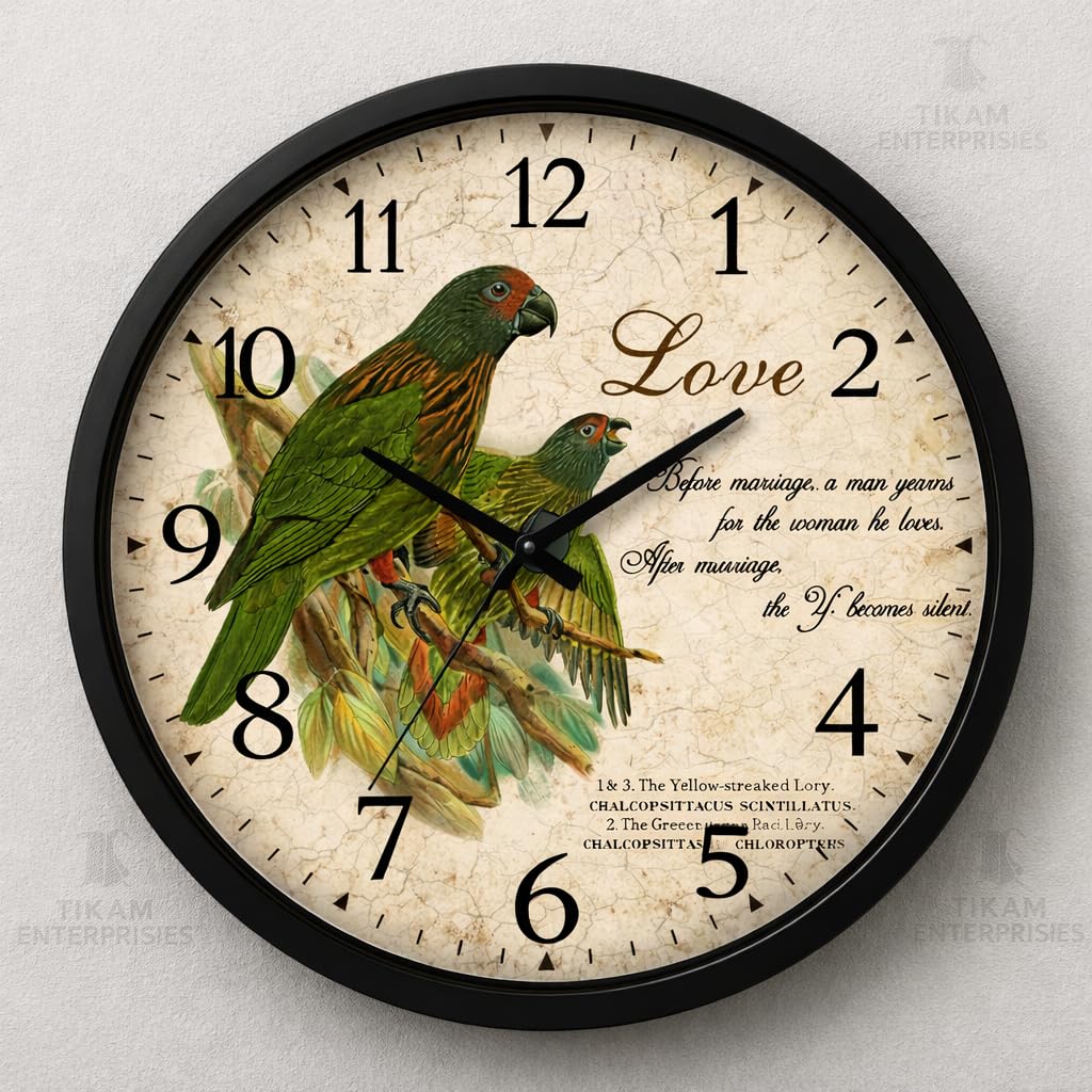 TIKAM Enterprises Vintage-Style Decorative Silent Wall Clock Featuring Illustrations of Birds and Romantic Text | 10-Inch | Black Frame