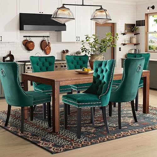 Miniatura 136 de Juego de 6 Sillas de Comedor Tapizadas en Terciopelo, Sillas Laterales de Cocina de Estilo Moderno con Ribete de Tachuelas y Patas de Madera, Anillo