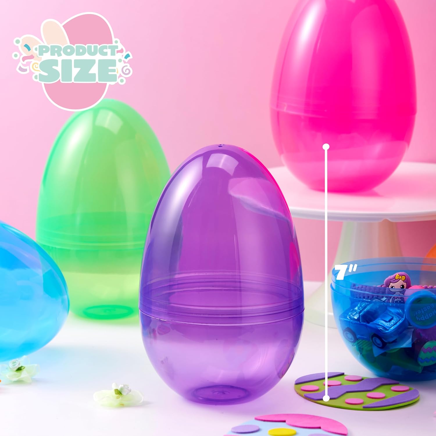JOYIN 12 Pcs 7" Jumbo Plastic Easter Eggs, Clear 6 Assorted Colors Empty Eggs for Filling Treats Easter Party Favor Hunt Basket Stuffers Fillers Classroom Prize Supplies Toy