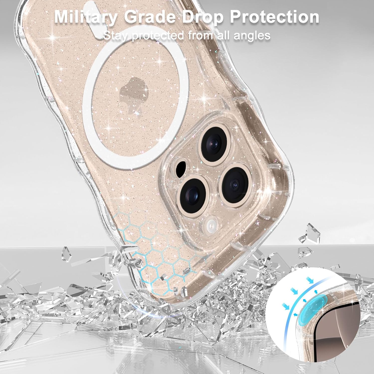 Magnetic for iPhone 16 Pro Case Clear, Sparkly Bling Glitter Cute Curly Wave Transparent Cover for Women Girls Compatible with MagSafe TPU Shockproof Phone Case for iPhone 16 Pro, Mag Clear - Image 5