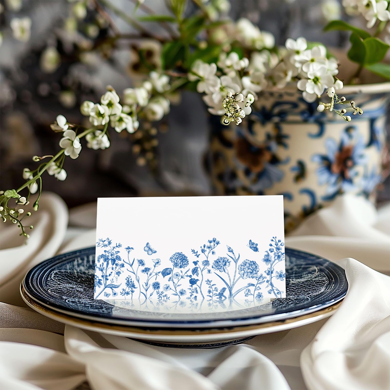 Whaline Tischkarten mit Blumenmuster, 8,9 x 5,1 cm, Chinoiserie, Zeltkarten, Sitzkarten, Namensschild, blanko, Tischnamensschilder für Feiertage, Buffet, Party, Tischdekoration, 100 Stück