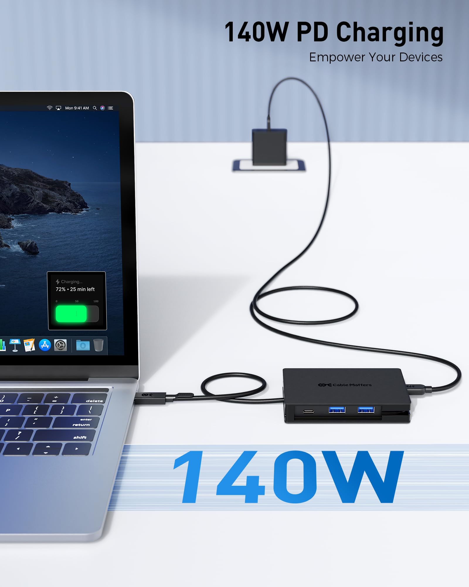 Cable Matters Hub USB-C 8 w 1 z Podwójnym HDMI i Ethernetem | 2x 4K@60Hz HDMI, ładowanie 140 W, dane 10 Gbps, 2x USB-C i USB-A 3.2; jeden zewnętrzny ekran w macOS