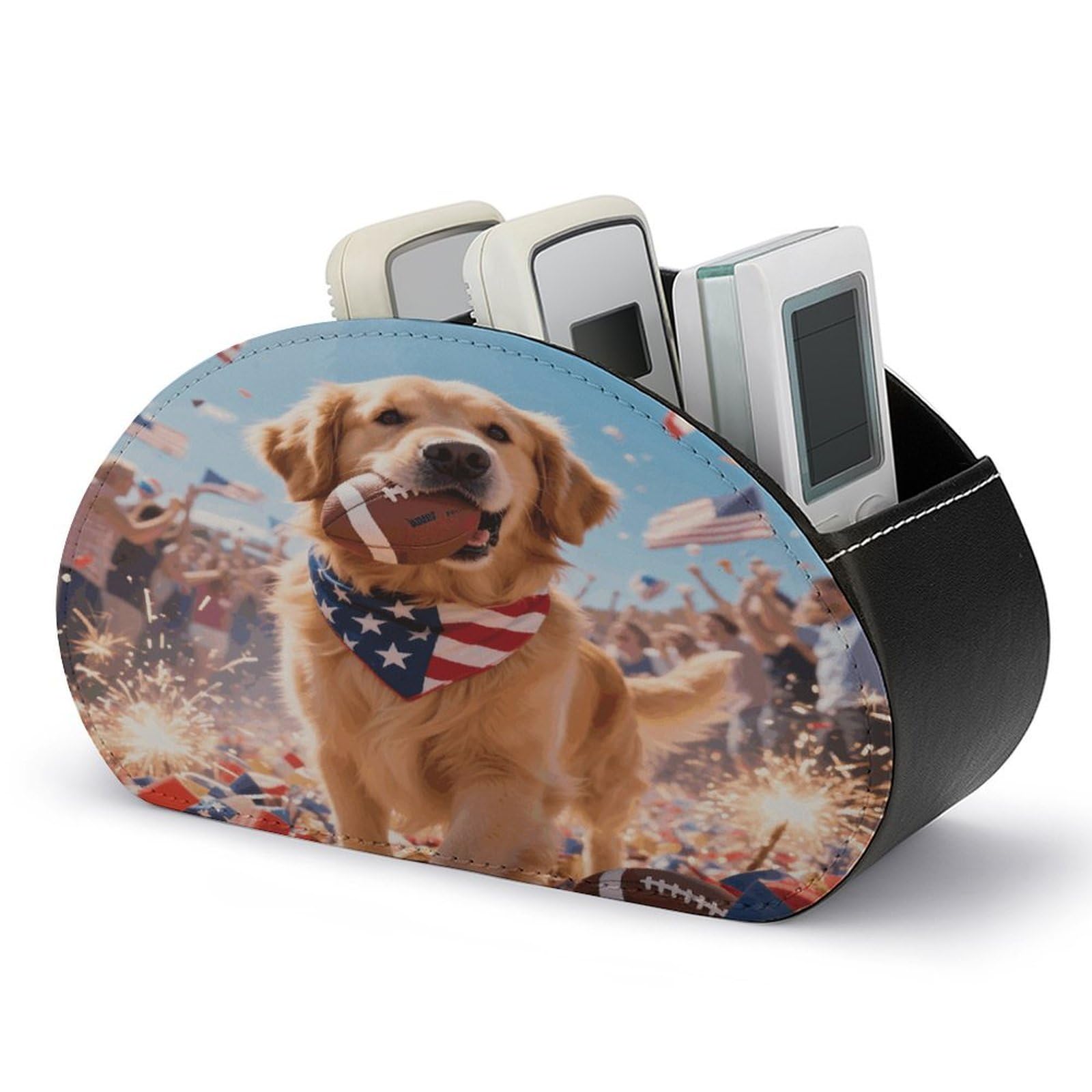 VstaDank Patriotic Dogs Remote Control Holder PU Leather Multi-Functional Office Organizar Box Makeup Brush Holder Desk Storage with 5 Compartment TV Remote Media Player Box