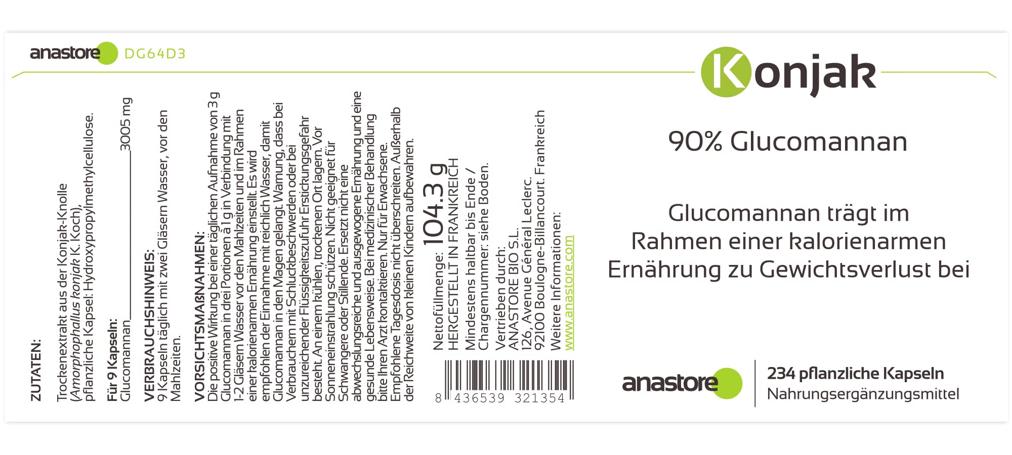 KONJAC * 371 mg / 234 gélules * Titré à 90% de glucomannane