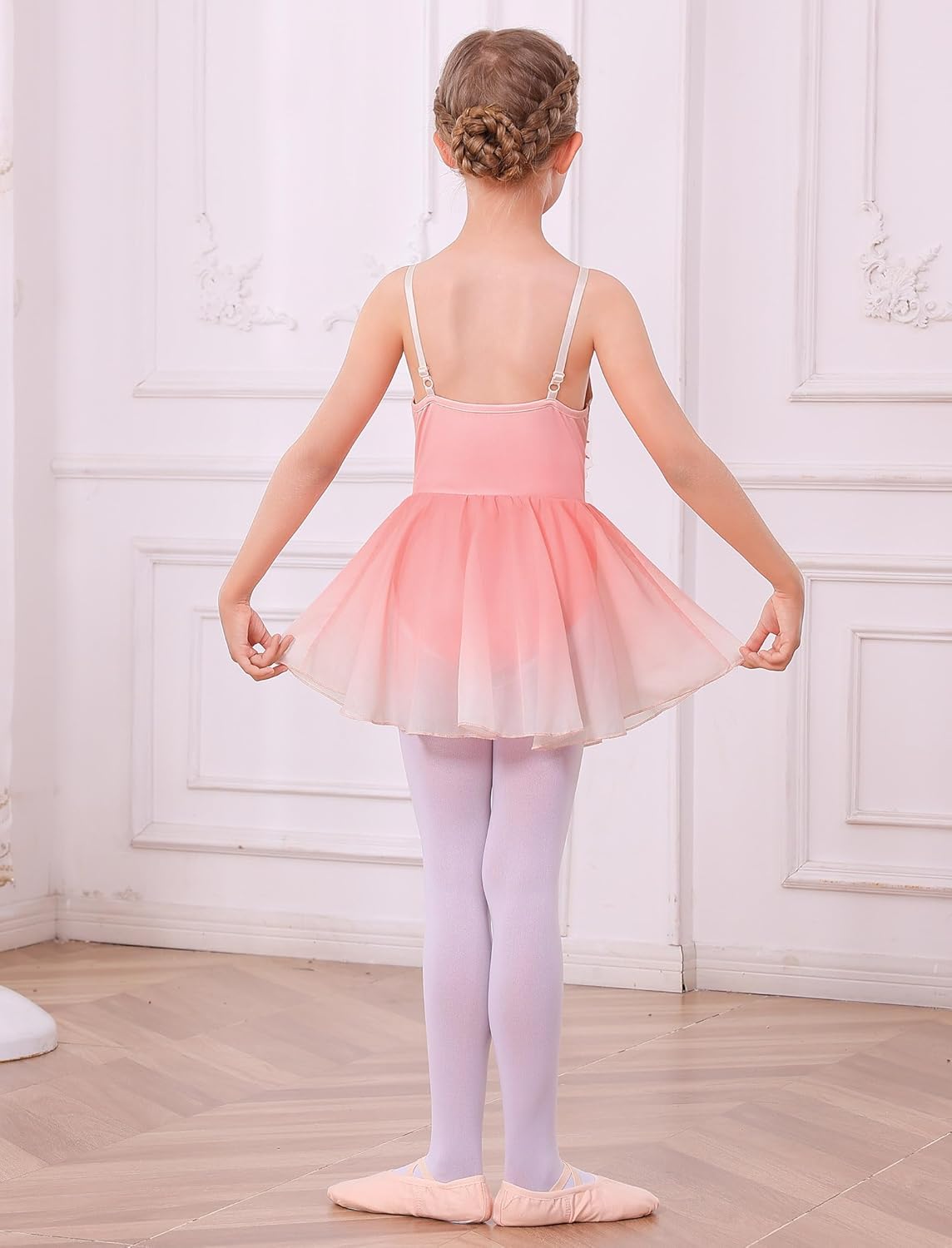 ODASDO Girl Ice Figure Skating Dress Ballett Dance Leotards Gymnastics Sequin Flower Gradient Chiffon Skirt for Competition