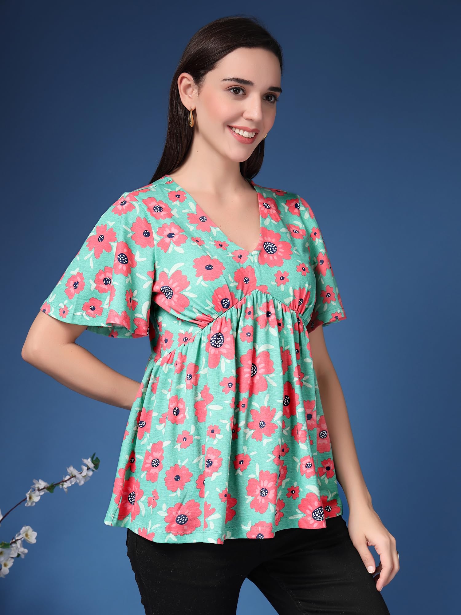 ZELENA Rhea Floral Maternity & Nursing Top | Cotton Stretch Flutter Sleeve Feeding Wear with Hidden Zips | Pregnancy & Postpartum Friendly Green - Image 5 thumbnail