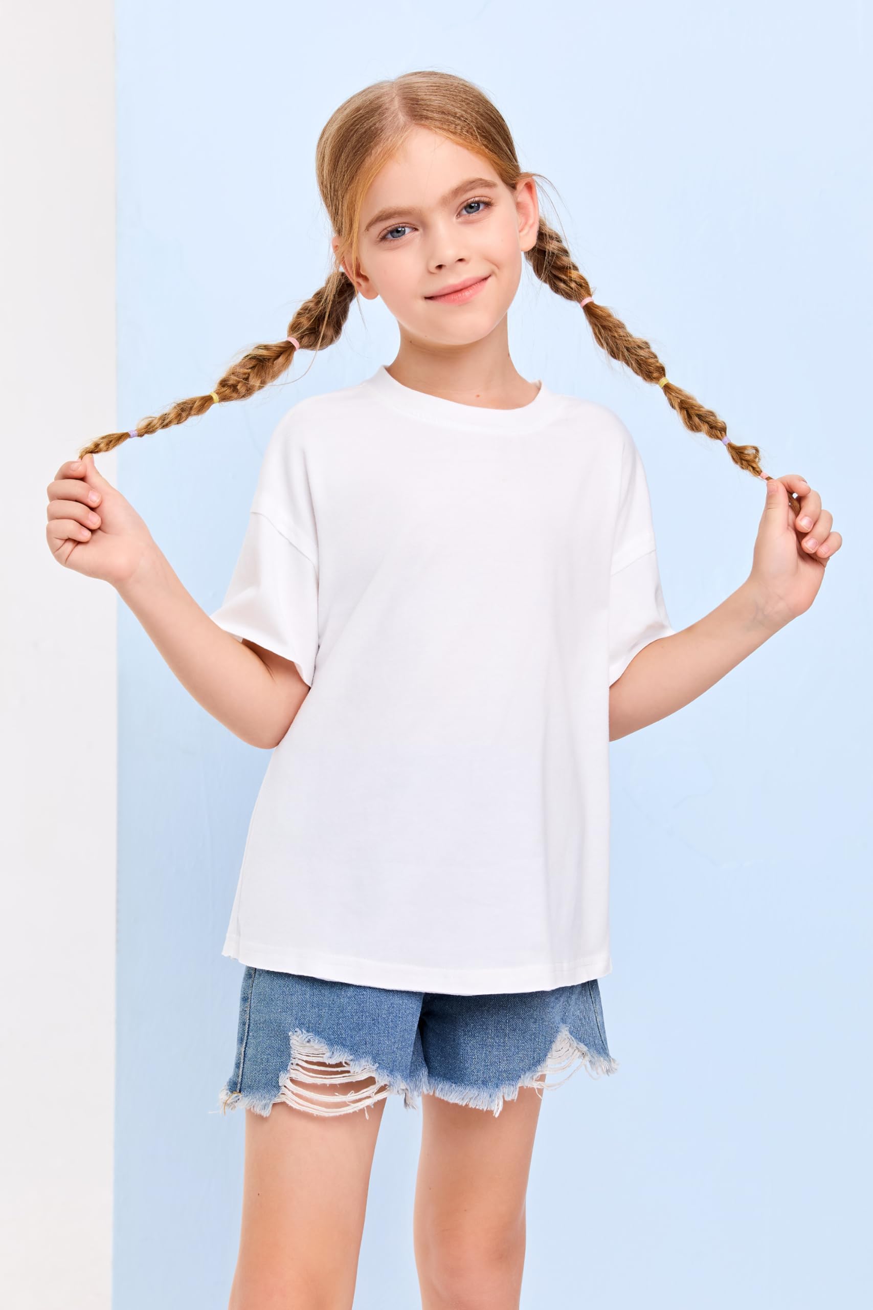 Haloumoning Camiseta de manga corta para niñas de algodón holgada cuello redondo