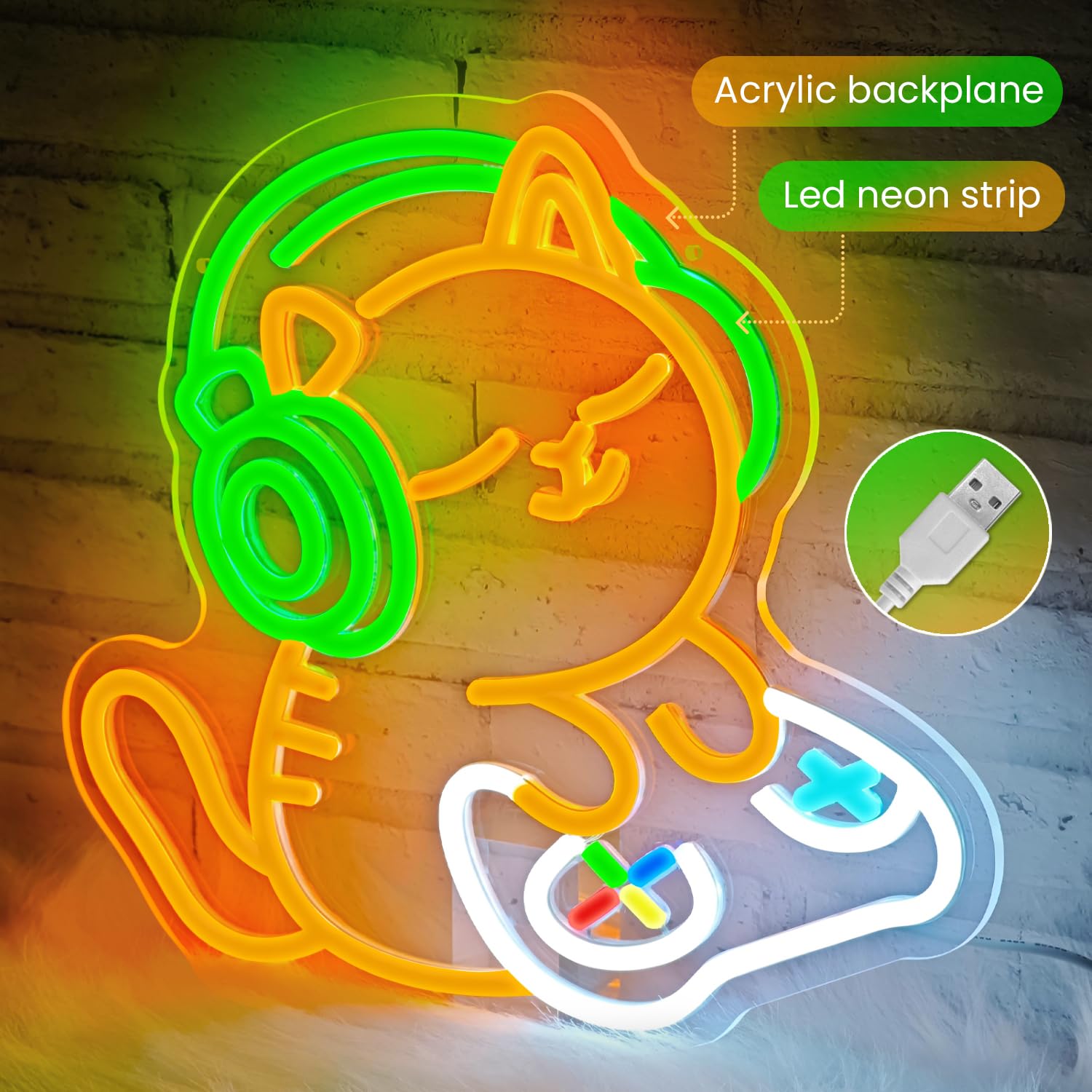 Cat Gamer Neon Sign,Cat con cuffie Led Sign,Insegne al neon per la decorazione della parete, Luce al neon LED da gioco per la stanza dei ragazzi, sala giochi, decorazione camera da letto