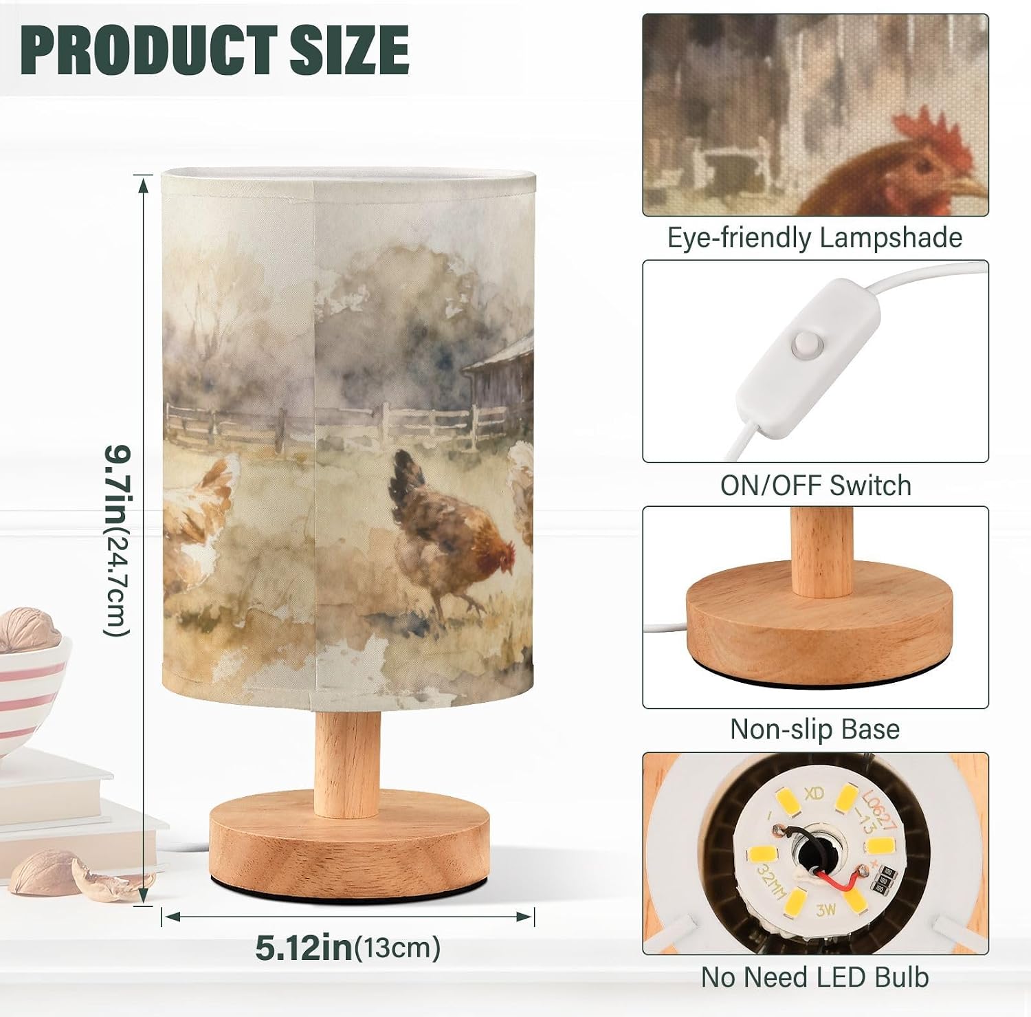 Small Table Lamp Farmhouse Barn and Chicken Girls Boys Bedroom Bedside Lamp LED with Fabric Lampshade USB Ports Wood Base for Living Room, Desk, Dorm, Home Office