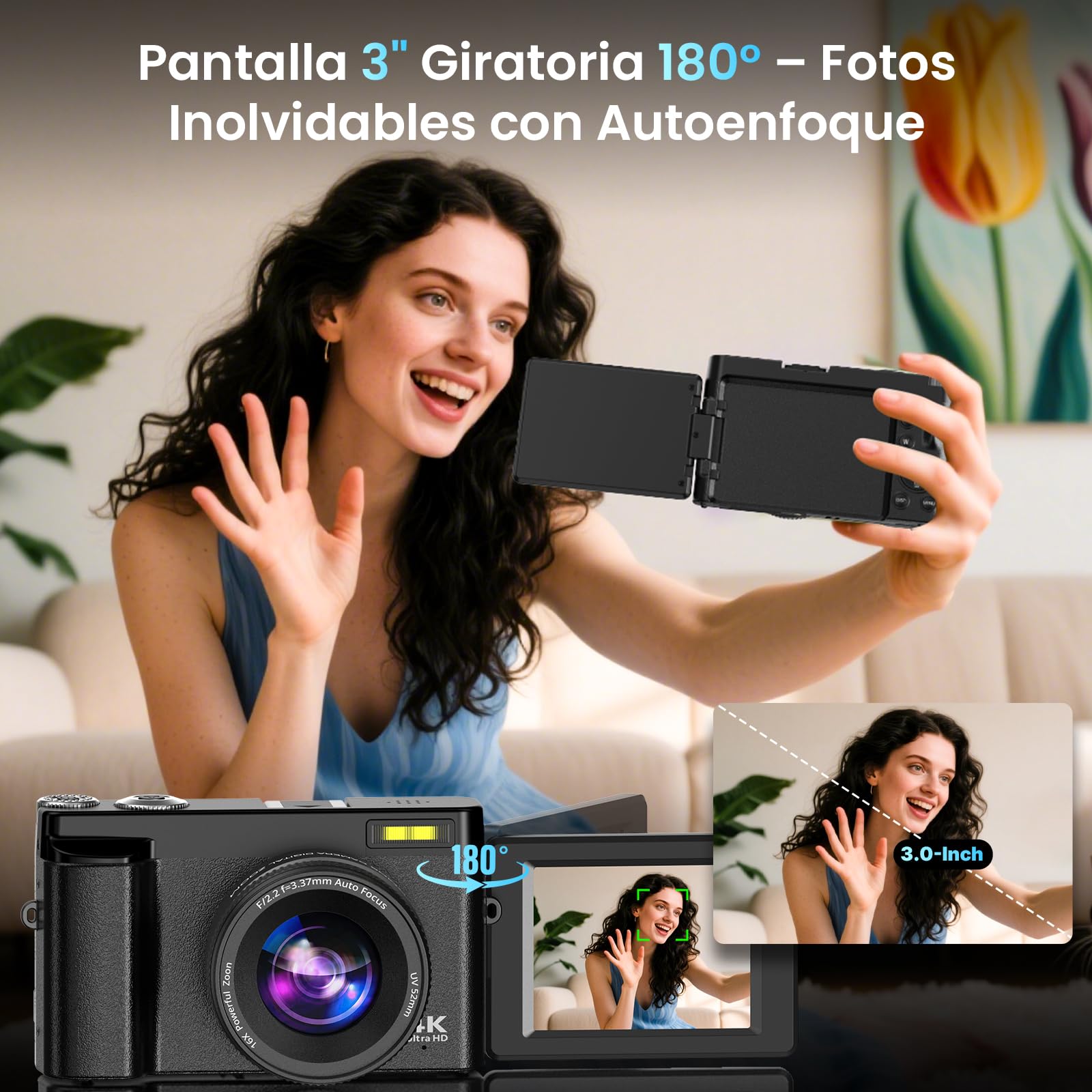 Fotocamera Digitale 4K con WiFi 64MP Macchina Fotografica Digitale con Schermo 3" 180° Flip, Schede da 32 GB, 2 Batterie, Zoom Digitale 16X, Autofocus, Anti-Shake per Adolescenti, Adulti, Principianti