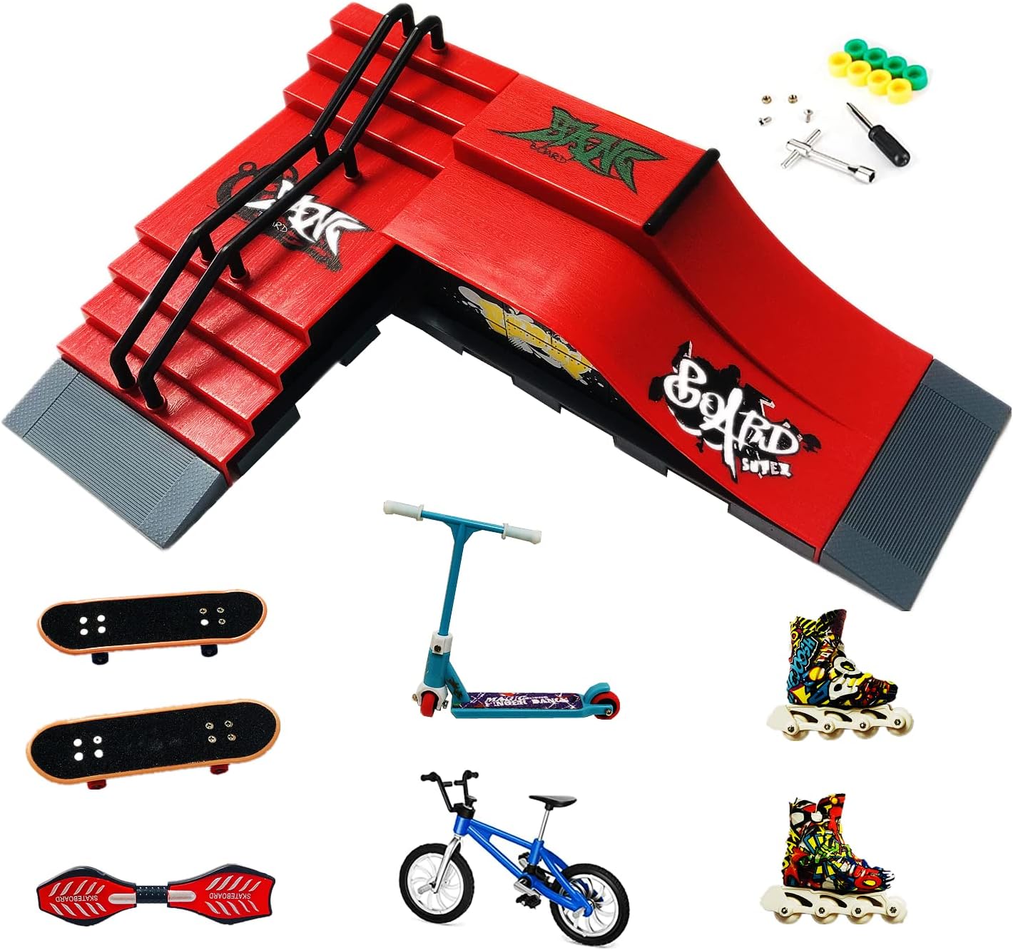 Kid's Dream 2-in-1 Finger Toy Skateboard Park Ramps , including 9Pcs Finger Training Prop Set Including Fingerboards, Finger Bike, Scooter, Caster Board, Skates, and Ramp Set for Kids & Adult Gift (B)