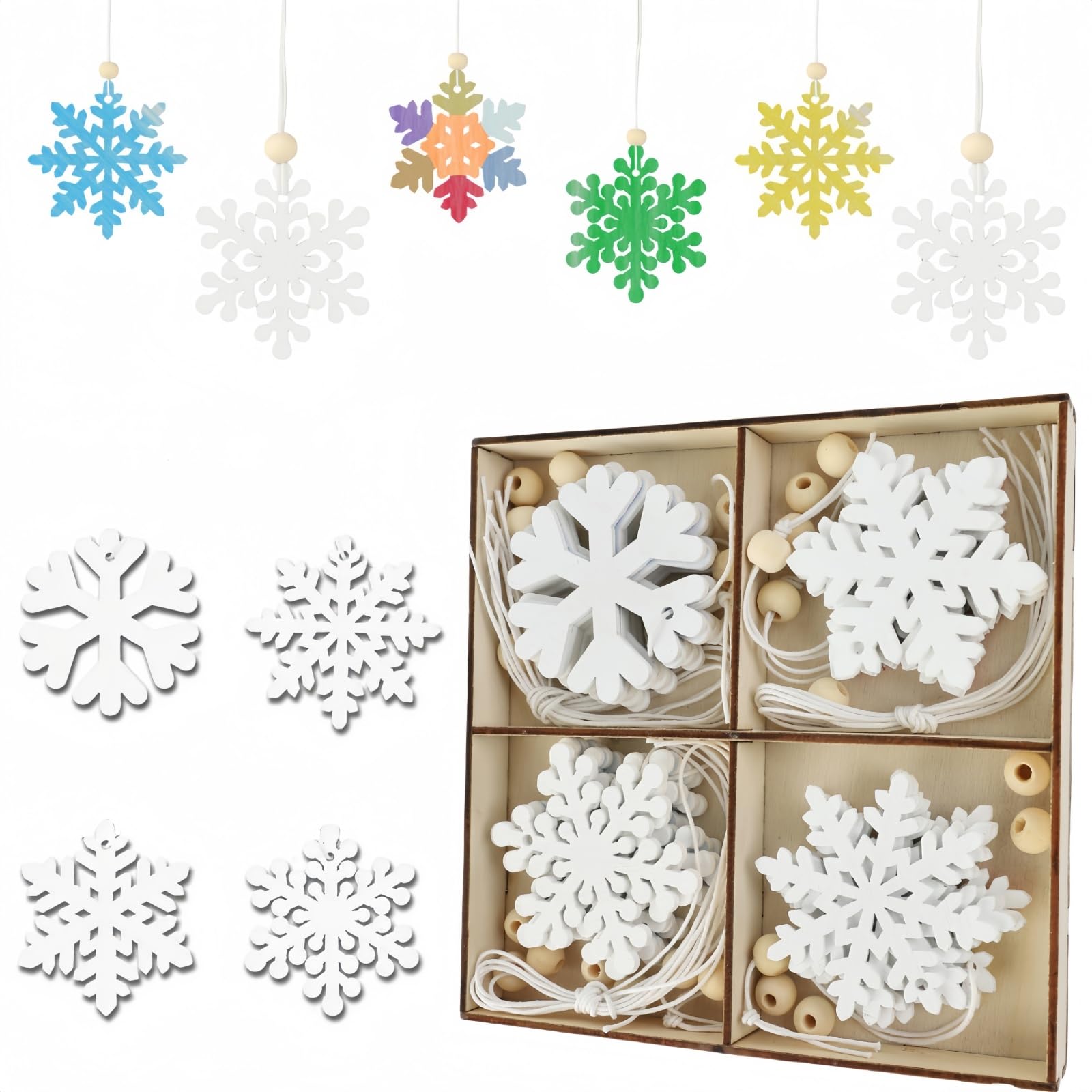 MHwan Adornos Arbol Navidad, 24 Piezas Decoracion Arbol Navidad de Madera Natural, Adornos Navideños de Bricolaje Resistentes y Duraderos, Colorea Ambas Caras para Crear Copos de Nieve Únicos