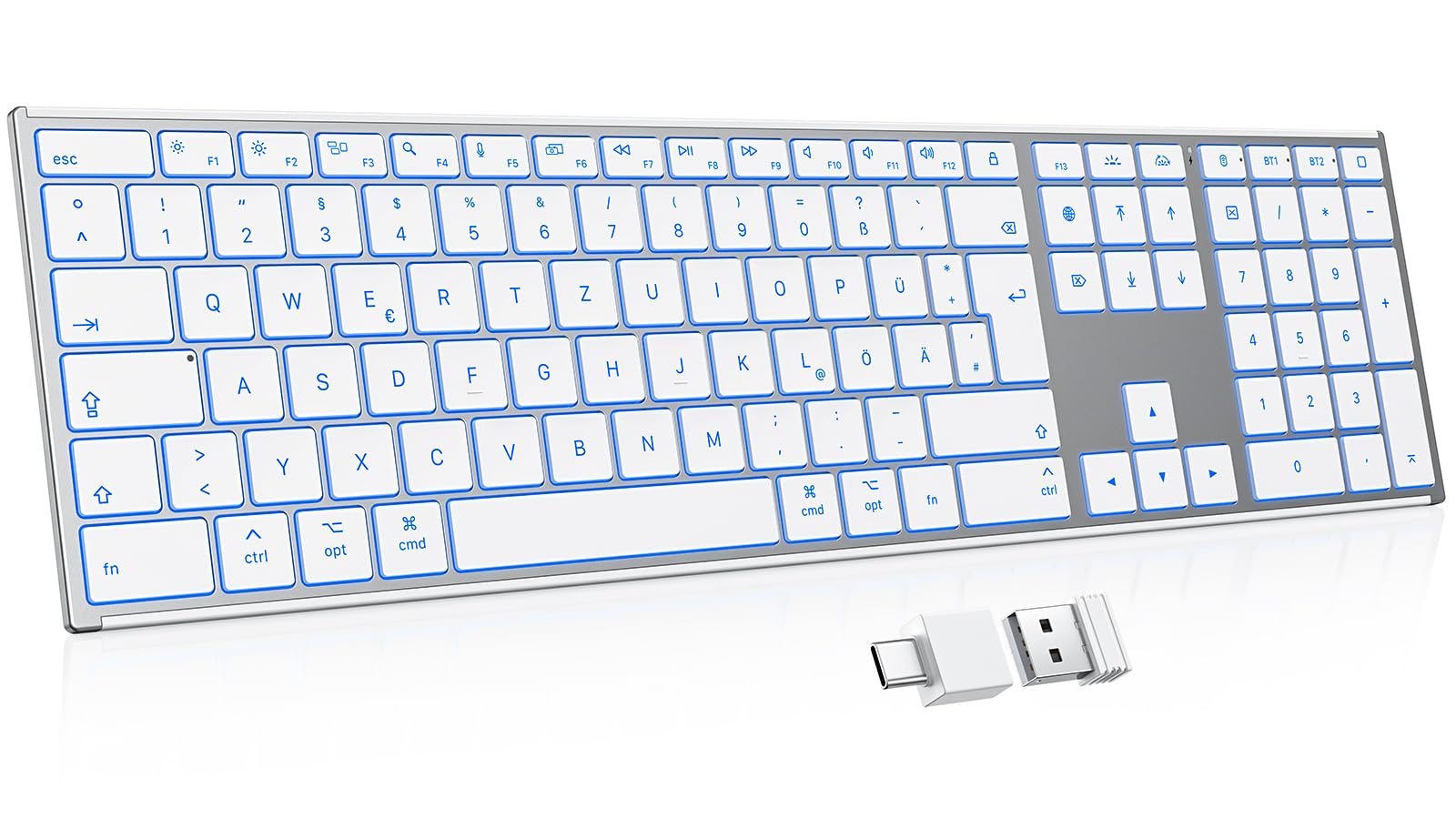 OMOTON Aluminium Kabellose Mac Tastatur, 2.4G & Dual-Bluetooth (BT1/BT2), Beleuchtete Tastatur für Apple MacBook Pro/Air, iMac, Mac mini, ultradünn, wiederaufladbare leise QWERTZ, Silber