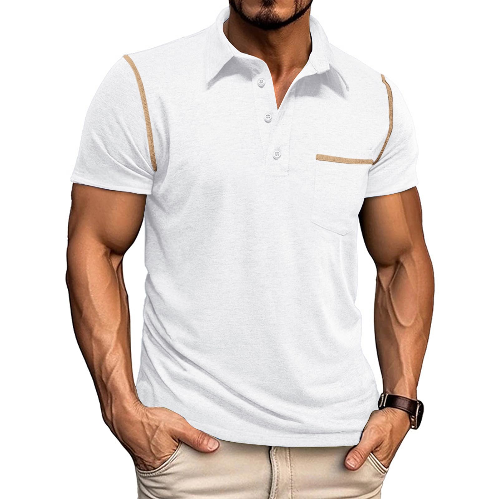 Mens Casual Polo Shirts Classic Short Sleeve Basic Golf Button Shirt with Pocket