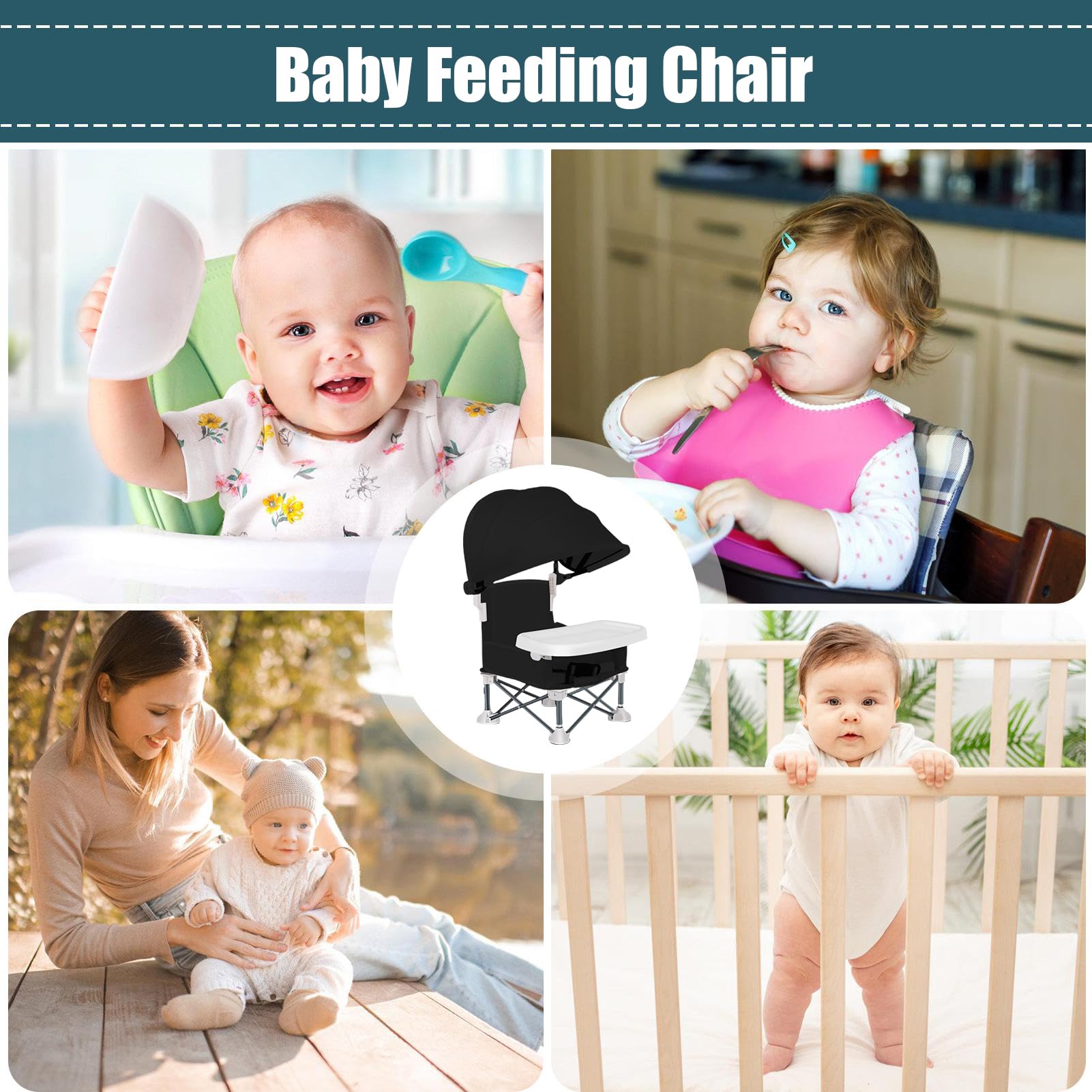 Chaise Portable Pour Bébé Repas Siège Portable Pour Enfant Avec Plateau | Chaise Haute Pliante Pour Bébé avec Auvent pour Pelouse, Plage, Extérieur, Camping, Maison, , Pique-nique