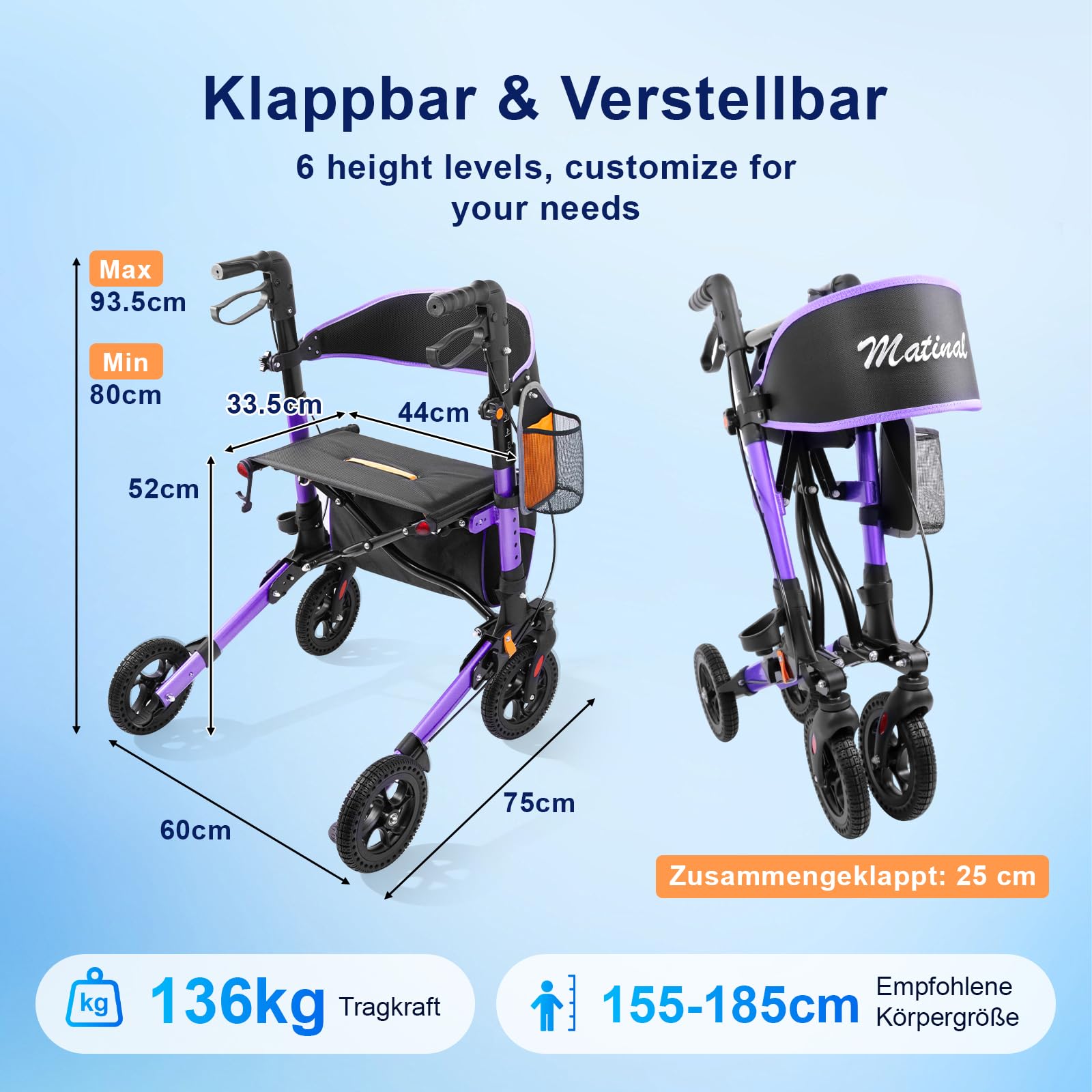 Andador para personas mayores, ligero, plegable, todo terreno, con asiento, aluminio con ruedas de goma de 20 cm (morado)