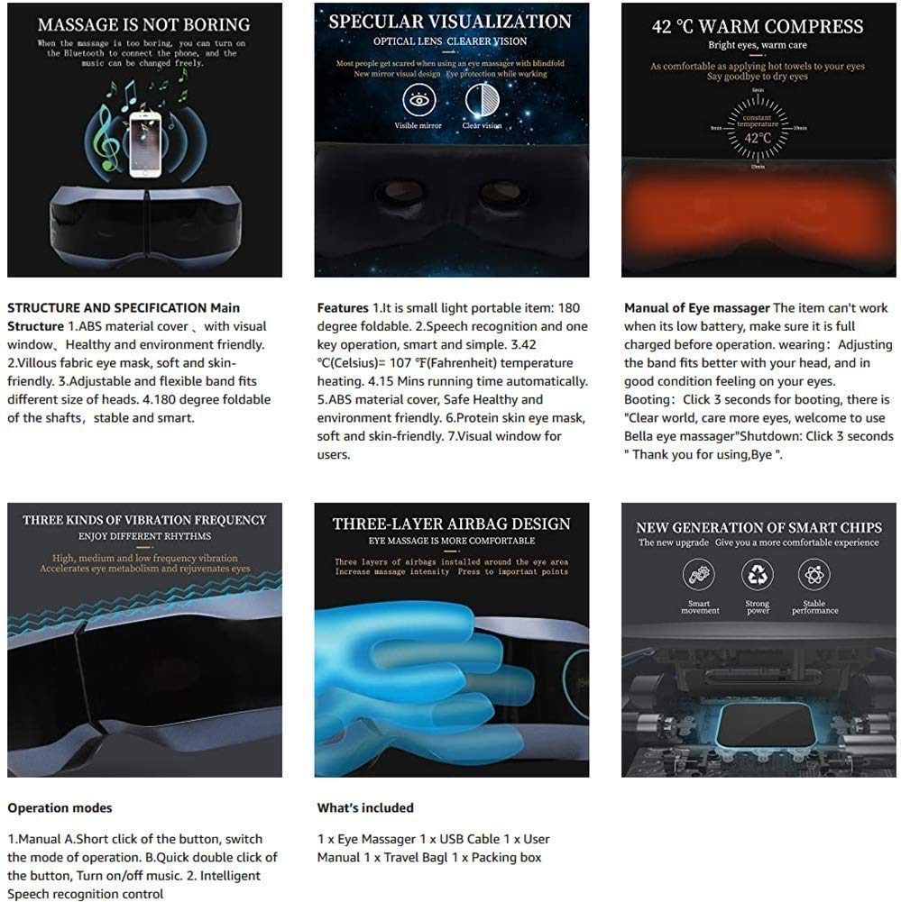 Masajeador de ojos con calor, vibración, masaje con bolsa de aire, masajeador de terapia de ojos recargable con música Bluetooth for aliviar la tensión ocular, círculos oscuros, bolsas de ojos,