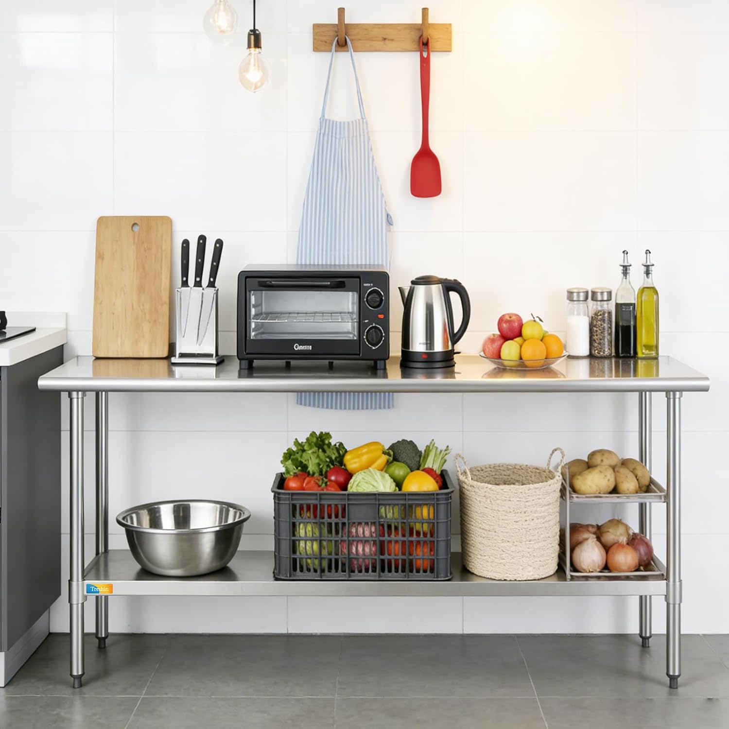 Treshin Stainless Steel Table 18" X 60", Commercial Heavy Duty Prep & Work Table with Undershelf for Kitchen, Restaurant, Home, Hotel