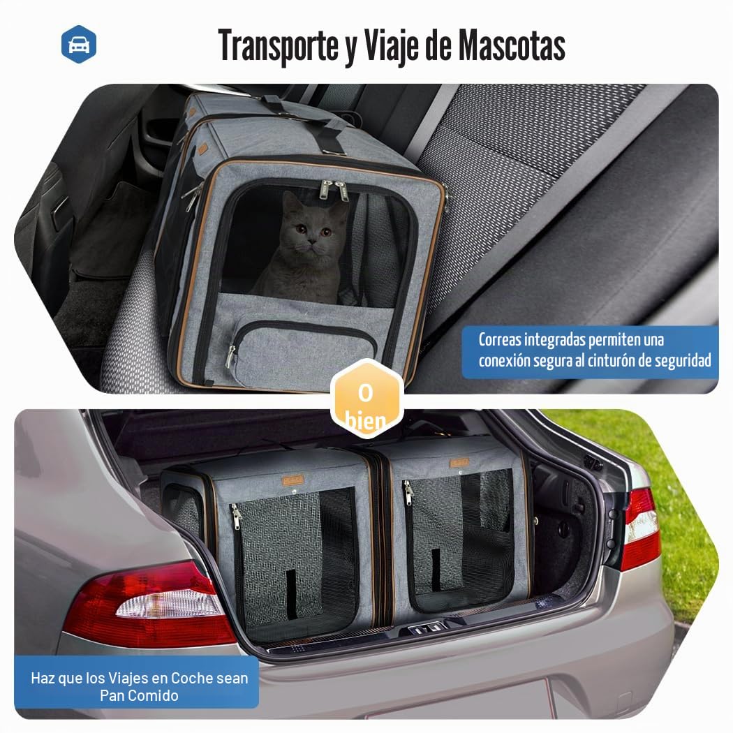 Lekeinchi Caja de transporte para perros 2 en 1, para mascotas medianas, caja de transporte plegable para gatos con marco de fibra fuerte, caja de arena para gatos, 2 cuencos, 2 alfombrillas para