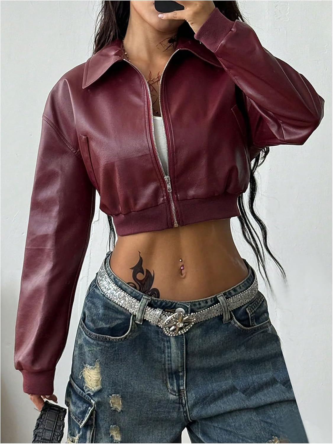 Floerns Women's Y2k Cropped Leather Jacket Zip Up Fall Going Out Motor Biker Coat - Image 2