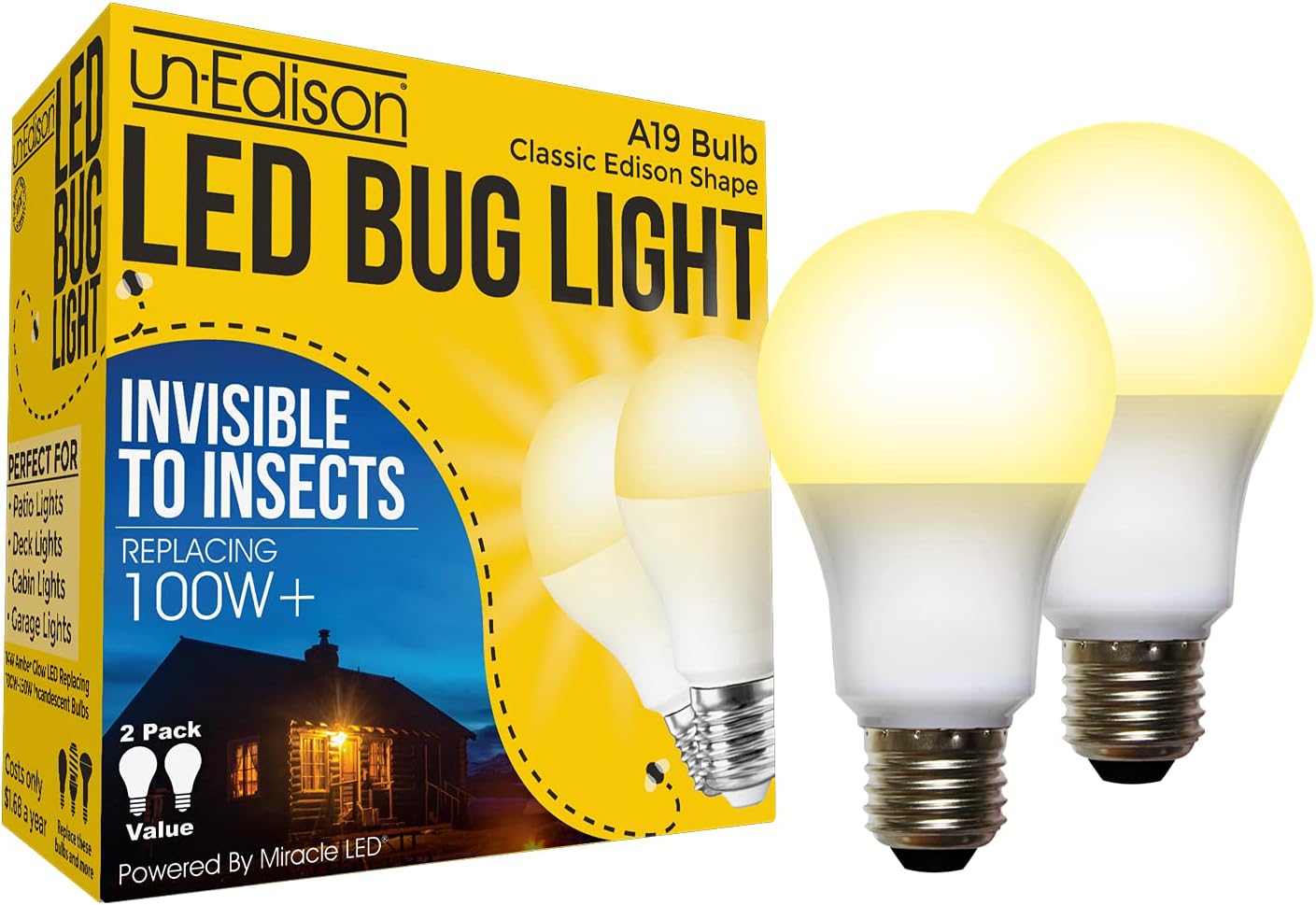 A19 LED Bug Light - Replaces 100W - Yellow Spectrum E26 Medium Outdoor Bulb for Porch Patio & Deck - Upgrade Your Old Painted Incandescent Bug Bulbs to Amber Glow 2-Pack