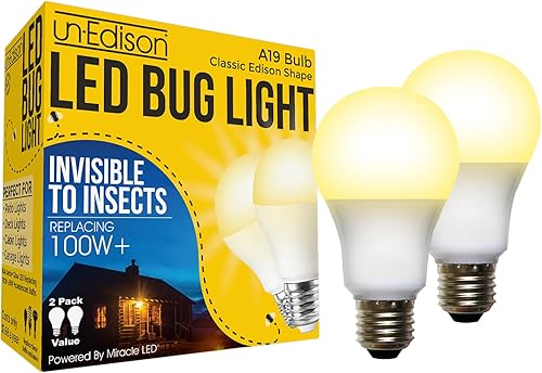 Luz LED A19 para insectos – Sustituye a 100 W – Bombilla mediana E26 de espectro amarillo para porche, patio y terraza – Actualiza tus viejas