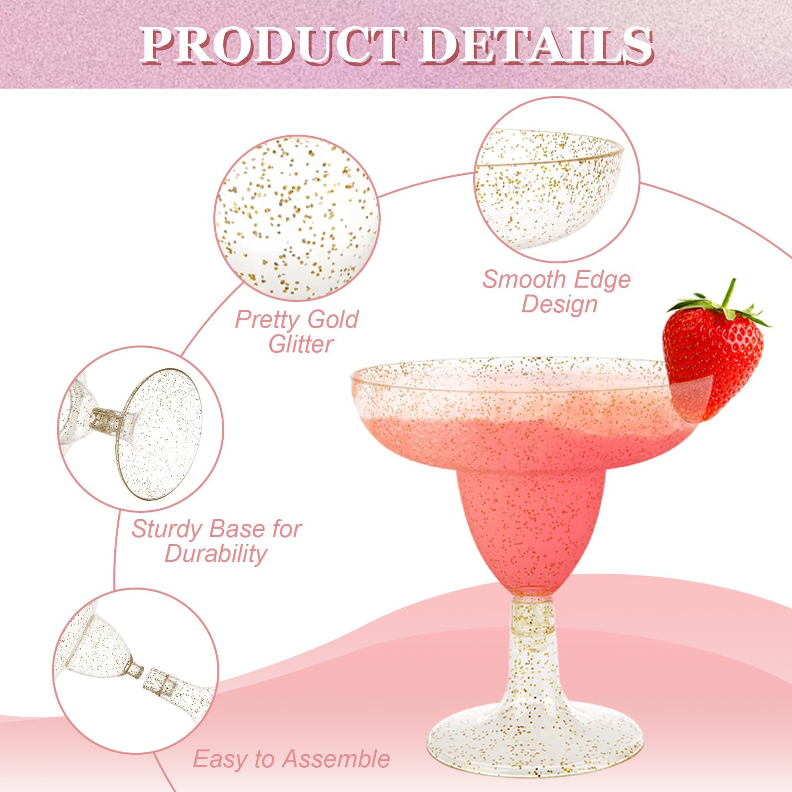 WOPPLXY 60 bicchieri da margarita in plastica, 141,7 g, bicchieri da cocktail in plastica con glitter dorati, bicchieri da Martini in plastica, bicchieri per margarita per matrimoni, addio al