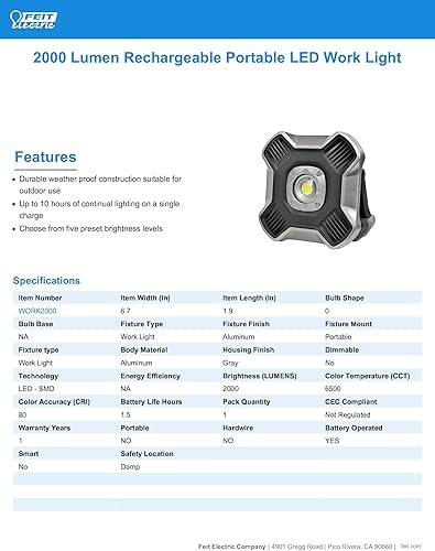 Miniatura 2 de Feit Electric WORK2000 2000 lúmenes ultra brillante recargable luz de trabajo LED portátil