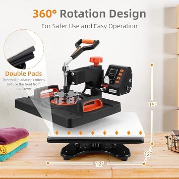 Heat Press Machine 6-in-1, 12 X 15 inch, 6 in 1 Heat Press, 800W Sublimation Machine, 360 Rotation Swing-Away Heat Press, Dual-Tube Heating Printing for DIY T-Shirts Cap Mugs