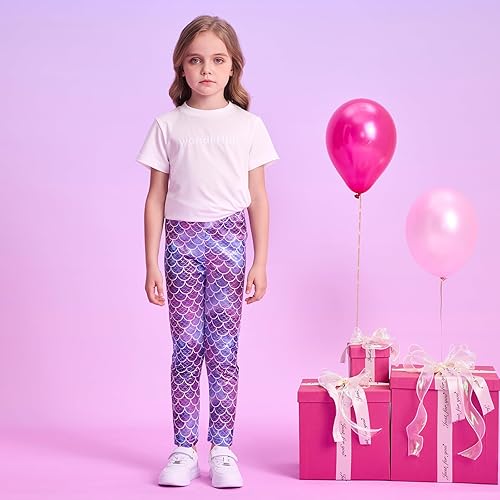 Miniatura 4 de VIKITA Leggings elásticos para niñas con escamas brillantes, pantalones ajustados de colores elegantes para fiesta de cumpleaños de 2 a 12 años