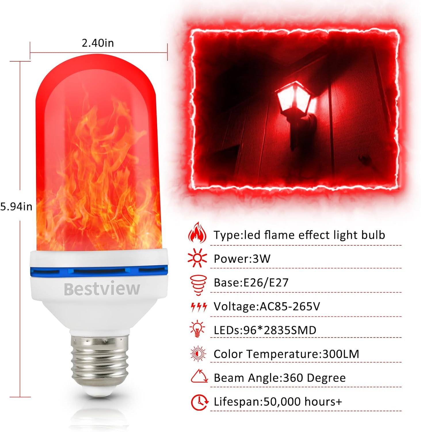 Bestview LED Flame Effect Light Bulbs,4 Modes Smart E26/E27 Base Flickering Fire Light Bulbs with for Halloween, Christmas, Party, Porch, Indoor&Outdoor Home Decoration Lighting (Green &Red)