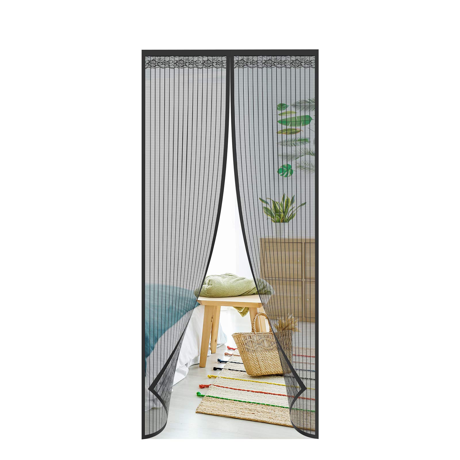 SHAWE Magnetic Fly Screen Door, Anti Mosquito Magnetic Screen Mesh Curtain, Top-to-Bottom Seal Snaps Shuts Automatically & Full Frame Adhesive Tape, Keep Bugs Out & Let Fresh Air in (120x220CM, Black)