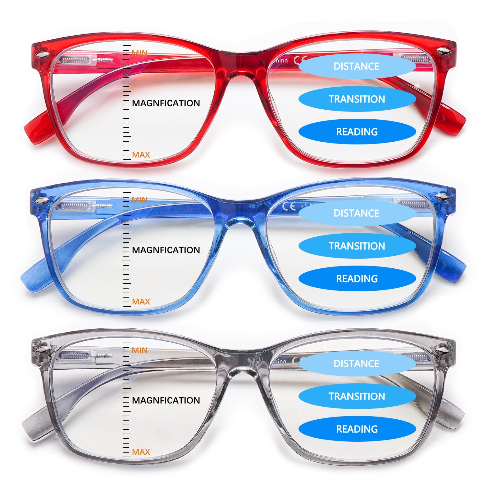 Paquete de 3 lentes de lectura progresivos multienfoque para mujeres y hombres, bloqueo de luz azul, bisagras de resorte para computadora