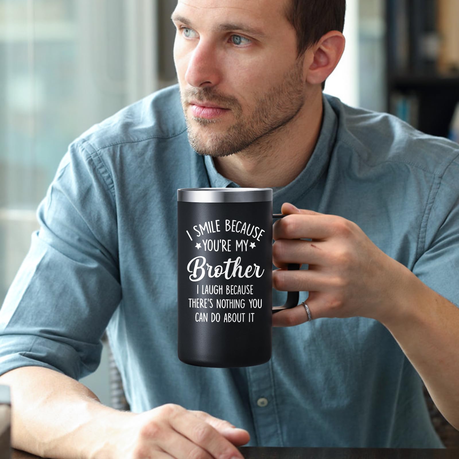 Lifecapido Brother Gifts from Sister, I Smile Because You’re My Brother 20 oz Insulated Coffee Mug, Christmas Birthday Gifts for Brothers, Black