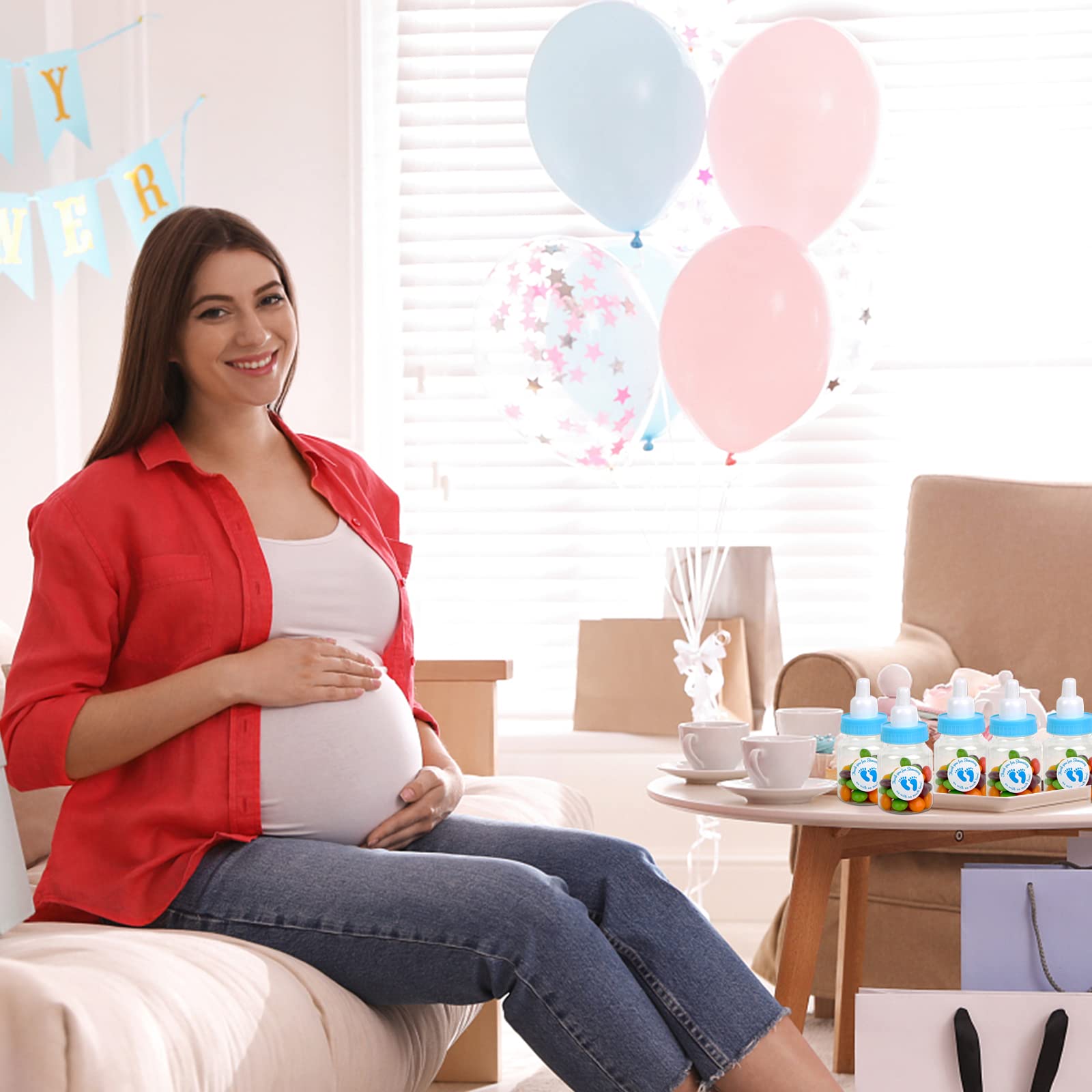 72 piezas de mini biberones de leche para baby shower blanco – Mini biberones de plástico baratos para baby shower partido recuerdos - Baby Boy Shower Party Games Decoraciones (azul)