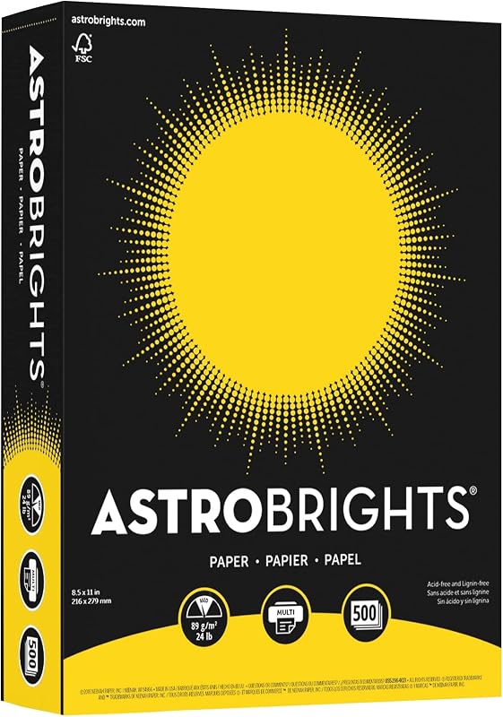 Astrobrights 21538 Papel de copia sin ácido, 24 lb, 2,5" de alto, 8,5" de ancho, 11" de largo, amarillo solar (paquete de 500)