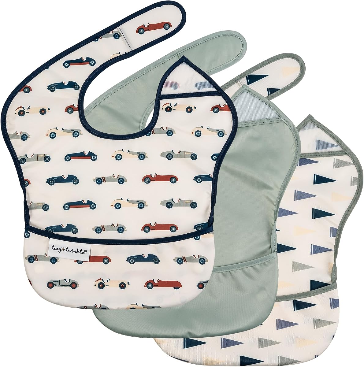 Tiny Twinkle Mess-Proof Baby Bibs for Eating | Waterproof, Wipeable Toddler Bibs with Catch-All Pocket | Feeding Bibs for Girls & Boys(3 Pack,Vintage Cars,Varsity Flags)