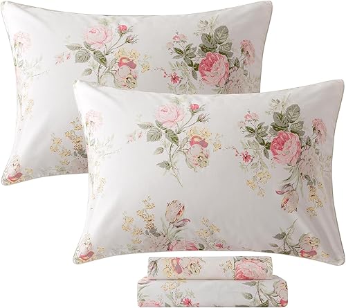 FADFAY Juego de sábanas para cama de tamaño king 100% algodón, 4 piezas, estampado floral de rosas rosadas, ropa de cama impresa, sábanas suaves y