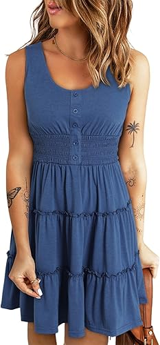 Dokotoo Vestidos de verano para mujer, sin mangas, con botones, cintura imperio, con volantes, escalonados, casual, mini vestido con vuelo