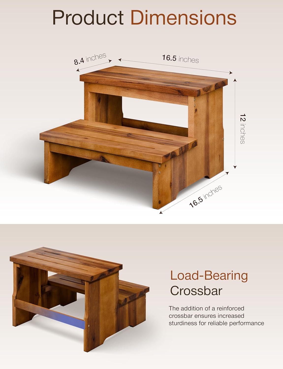 TINAMO 16.5" Long Step Stool for Adult - Acacia Wood Two Step Stool 500 Lbs - Wooden Riser 2-Step Spa & Hot Tub Stairs for Pool - Heavy Duty 2 Step Stools for Bed, Kitchen (Patent Pending)