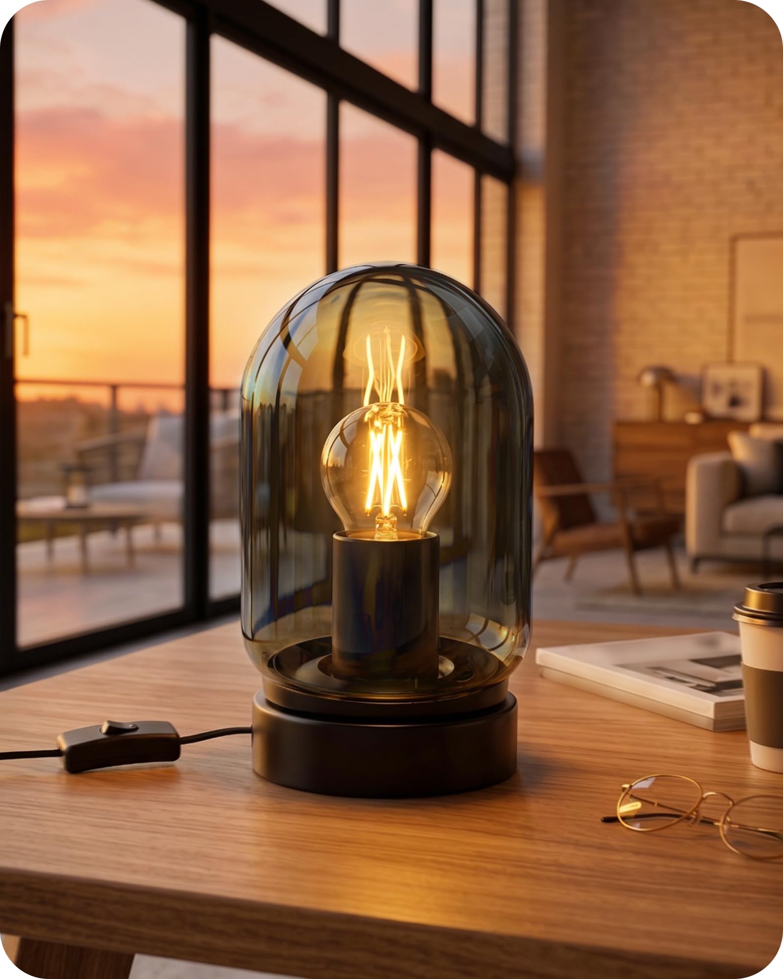 GOEBELSON Smoked Glass Table Lamp Black Base, Small Bedside Lamp, 2700K Warm Glow E27 Bulb Included, Compact Nightstand Lamp for Bedroom Living Room Dining Room ZH17TLD05