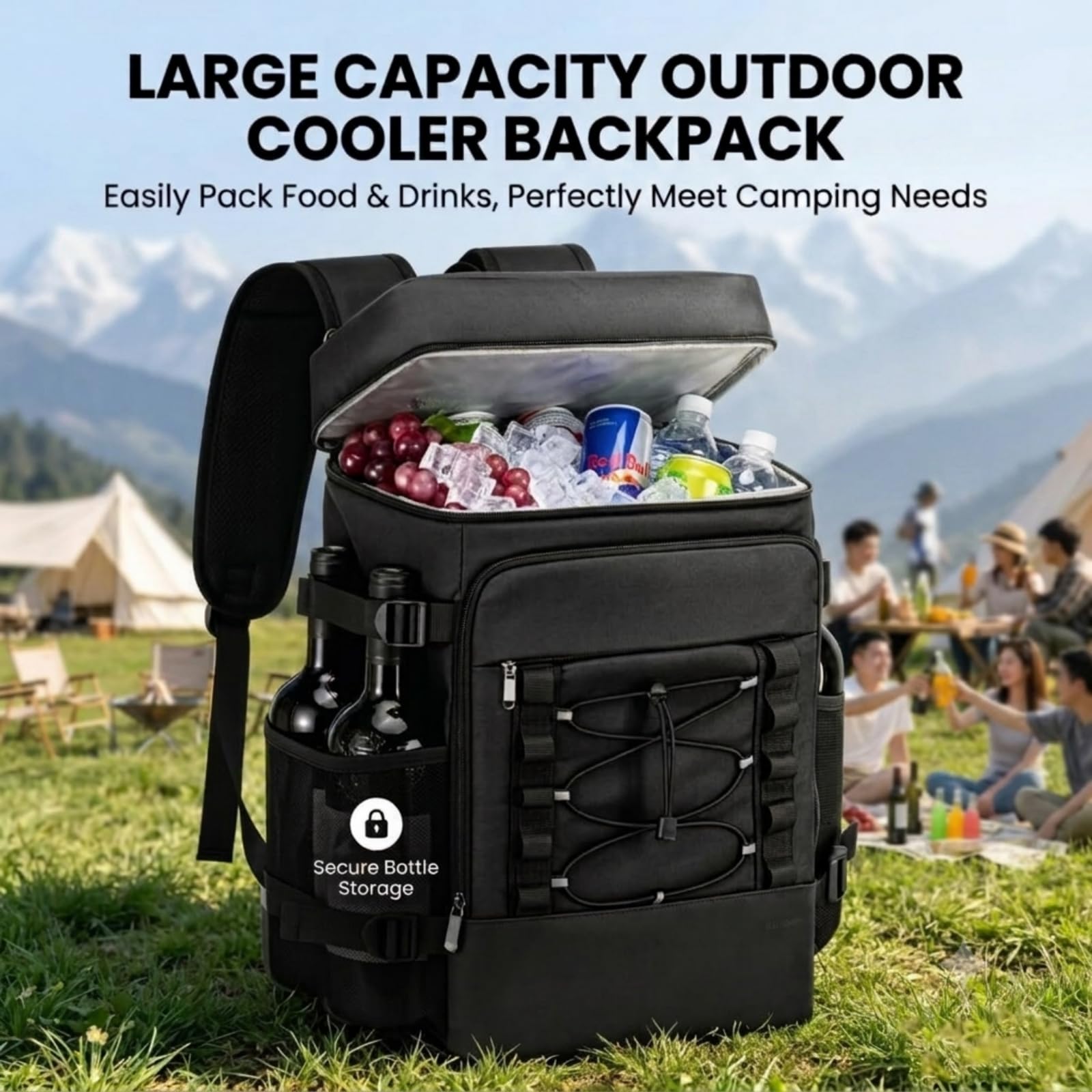Zaino Termico 25L Impermeabile, Zaino Frigo Porta Pranzo con Doppio Scomparto Isolato, per Picnic, Campeggio, Spiaggia, Escursionismo (Nero)